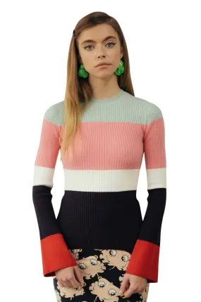 Colorblock Peachskin Long Sleeve Ribbed Crew Neck