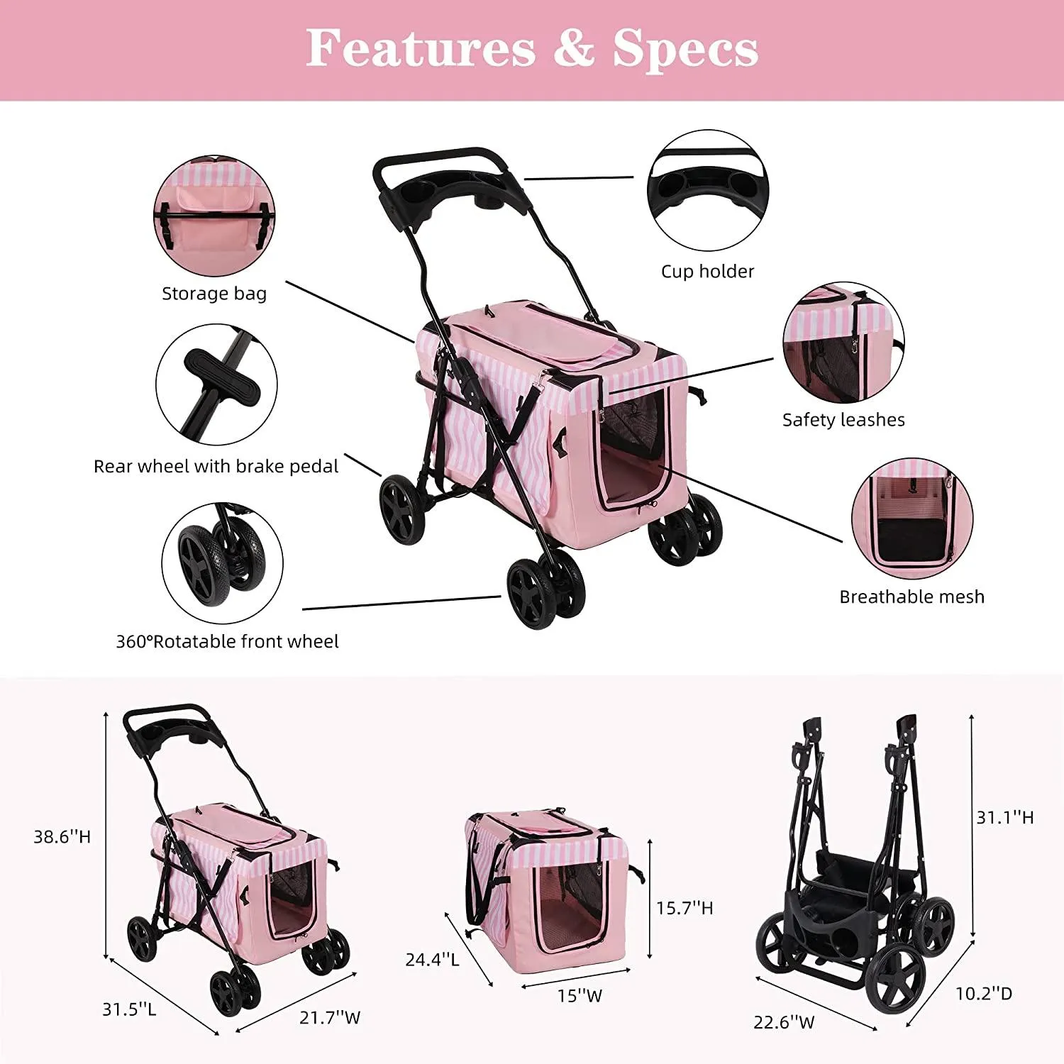 3-in-1 Folding Pet Stroller Travel Pet Gear Stroller with Detachable Carrier Bag & Water Cup Holder, Pink