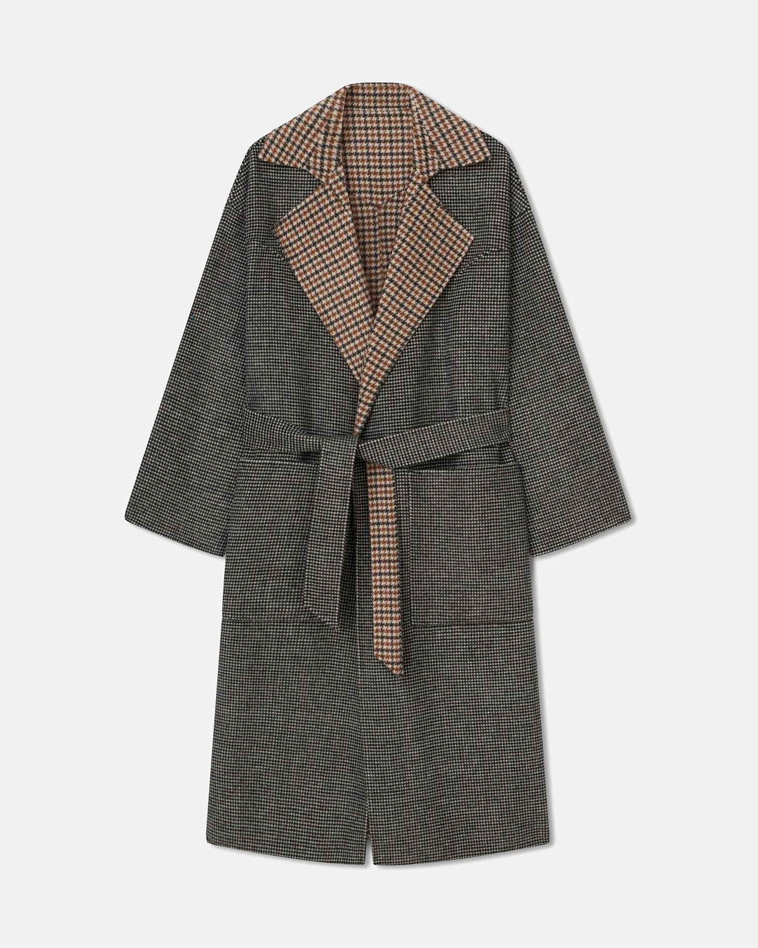 Alamo - Wool Silk Blend Robe Coat - Reversible Check