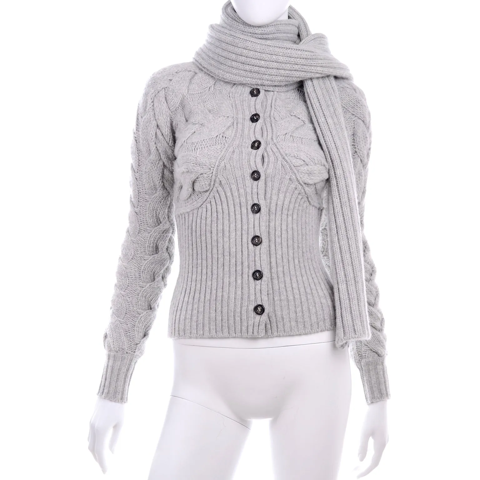 Alexander McQueen Gray Wool Cable Knit Sweater w Attached Scarf