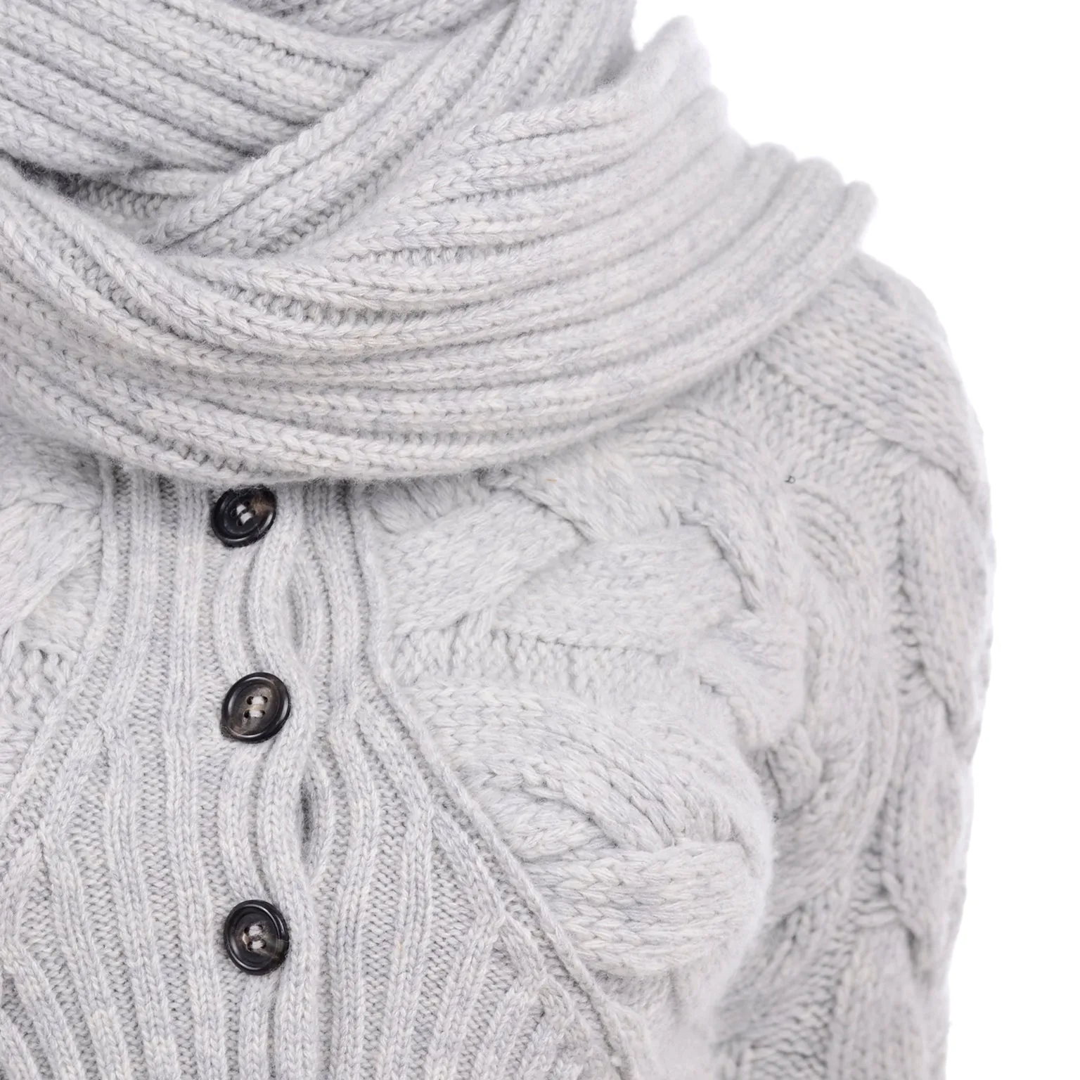 Alexander McQueen Gray Wool Cable Knit Sweater w Attached Scarf