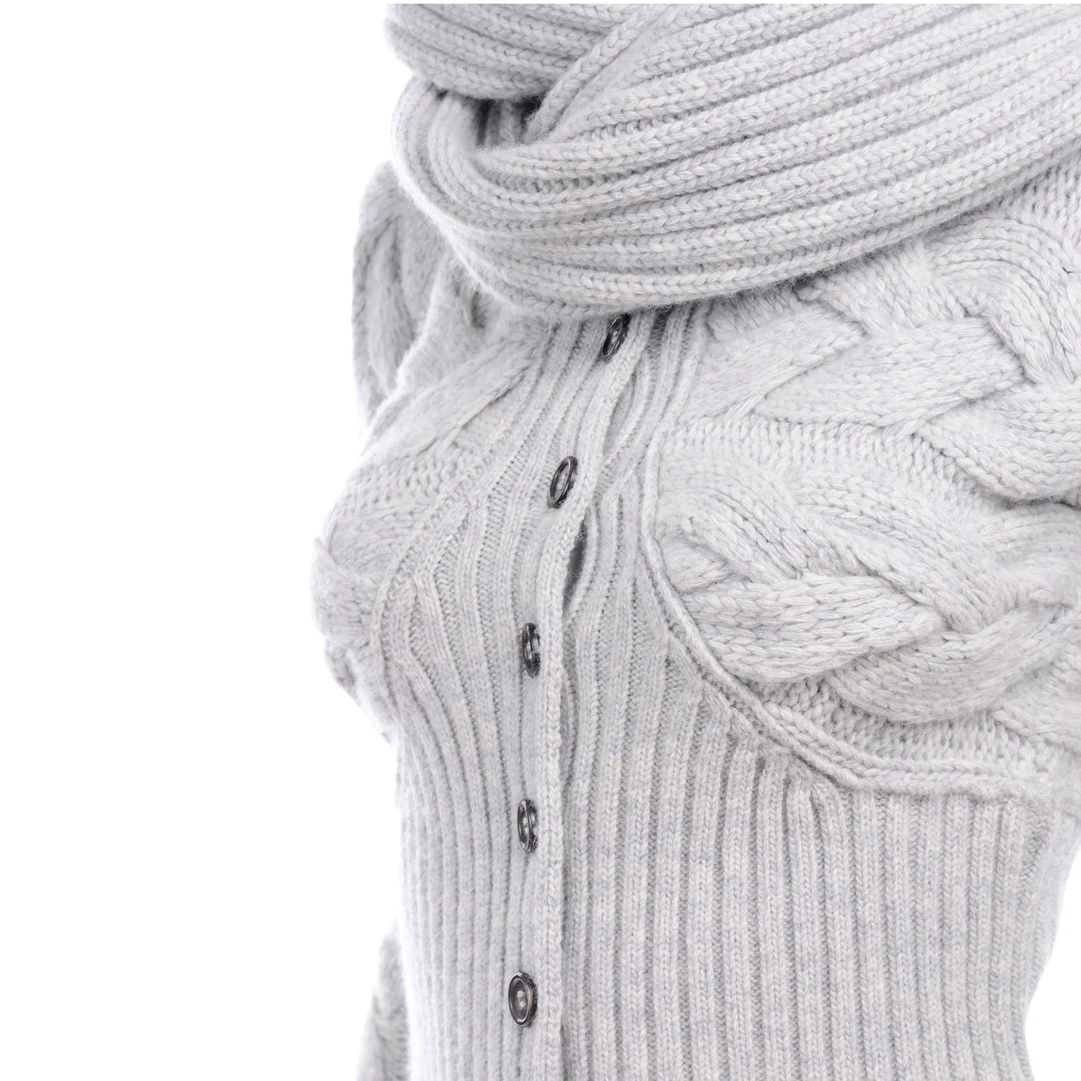 Alexander McQueen Gray Wool Cable Knit Sweater w Attached Scarf