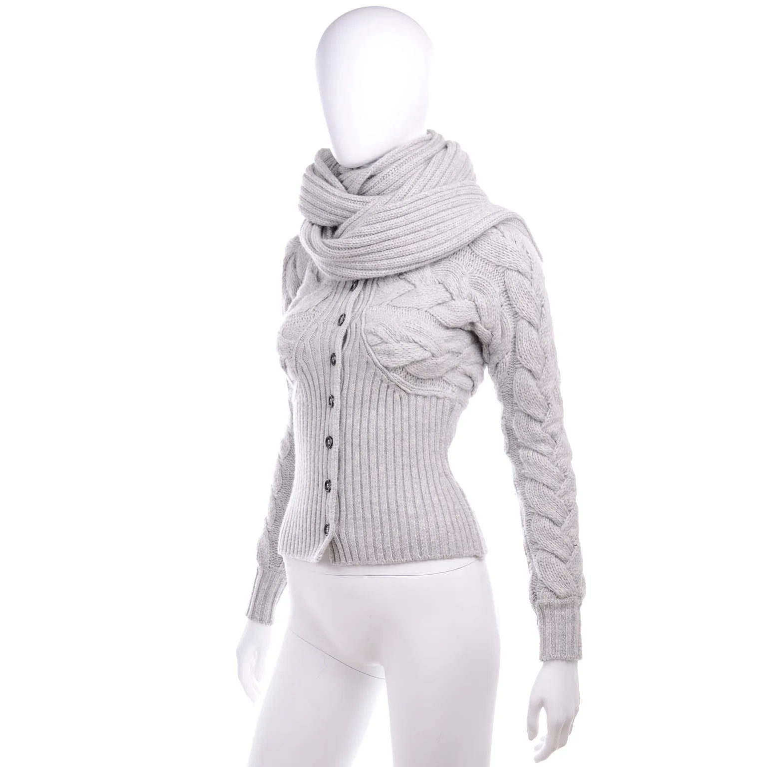 Alexander McQueen Gray Wool Cable Knit Sweater w Attached Scarf