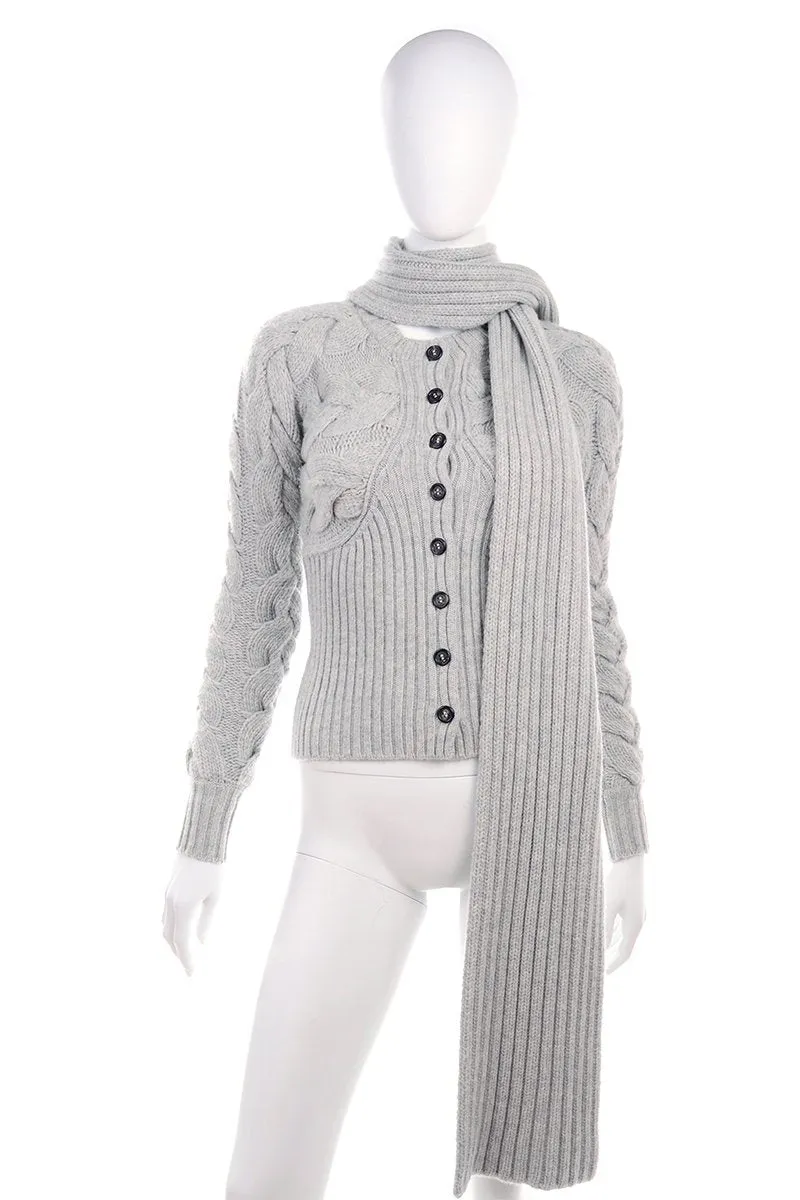 Alexander McQueen Gray Wool Cable Knit Sweater w Attached Scarf