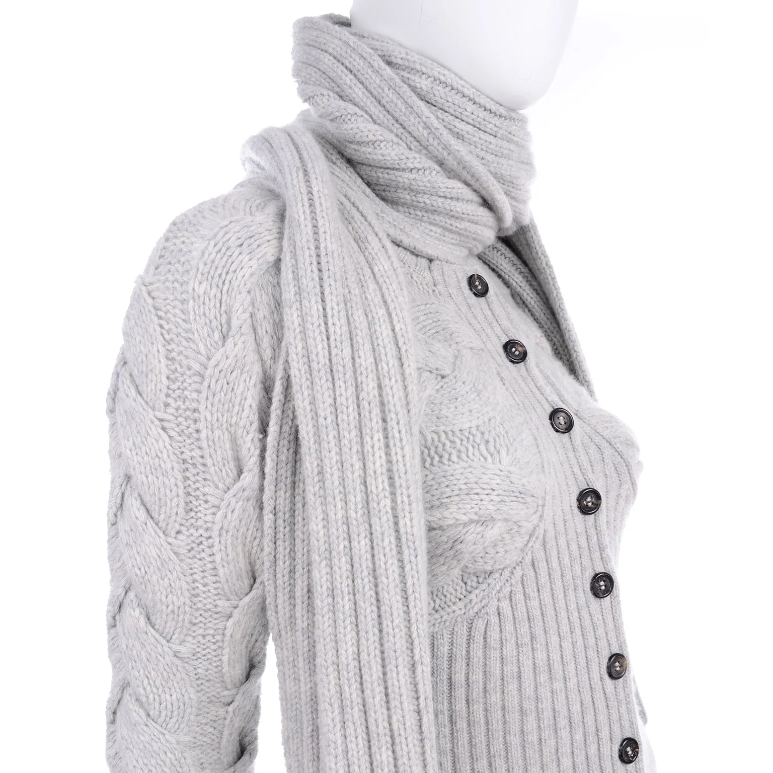 Alexander McQueen Gray Wool Cable Knit Sweater w Attached Scarf