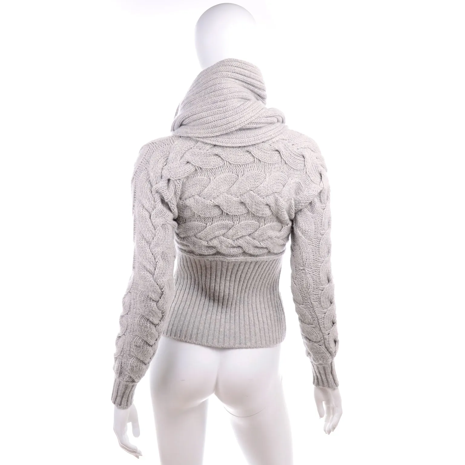 Alexander McQueen Gray Wool Cable Knit Sweater w Attached Scarf