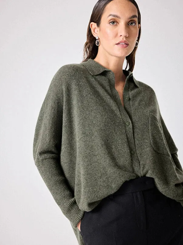 Andrea Khaki Cashmere Shirt Poncho Jumper