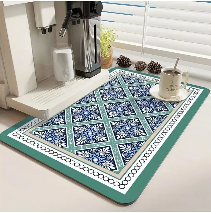 Anti Slip Dish Drying Mat-5756Turquoise Pattern