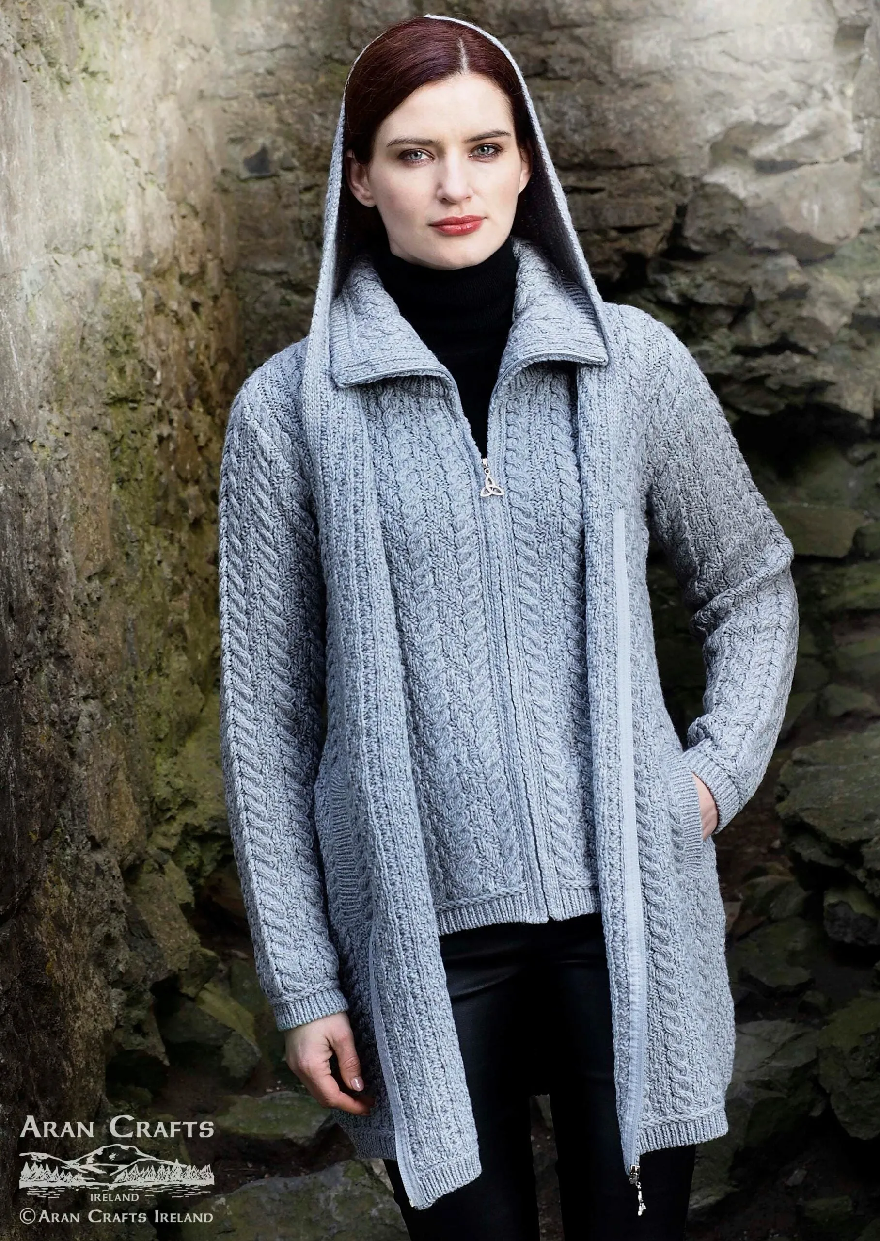 Aran Crafts Grey Hooded Zip Coat | Grey