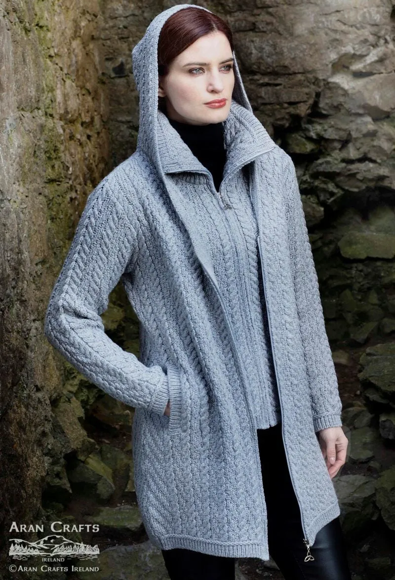 Aran Crafts Grey Hooded Zip Coat | Grey