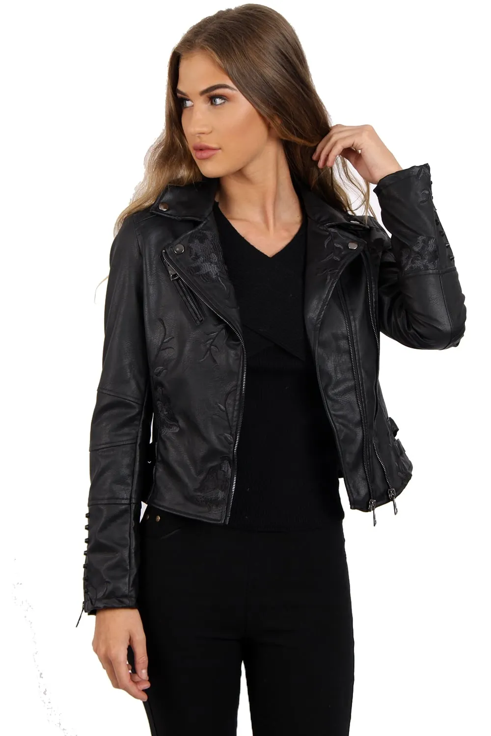 Black Floral Embroidered Studded Detail Faux Leather Biker Jacket