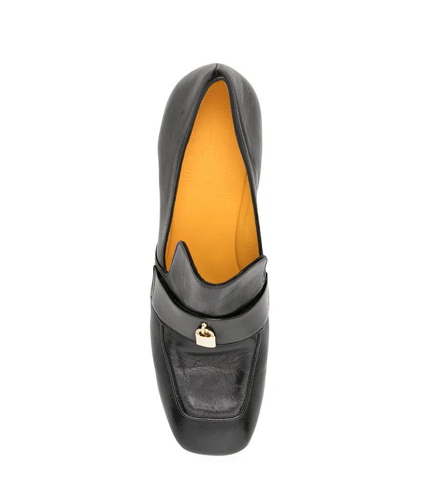 Black Leather Lock Heel Loafer