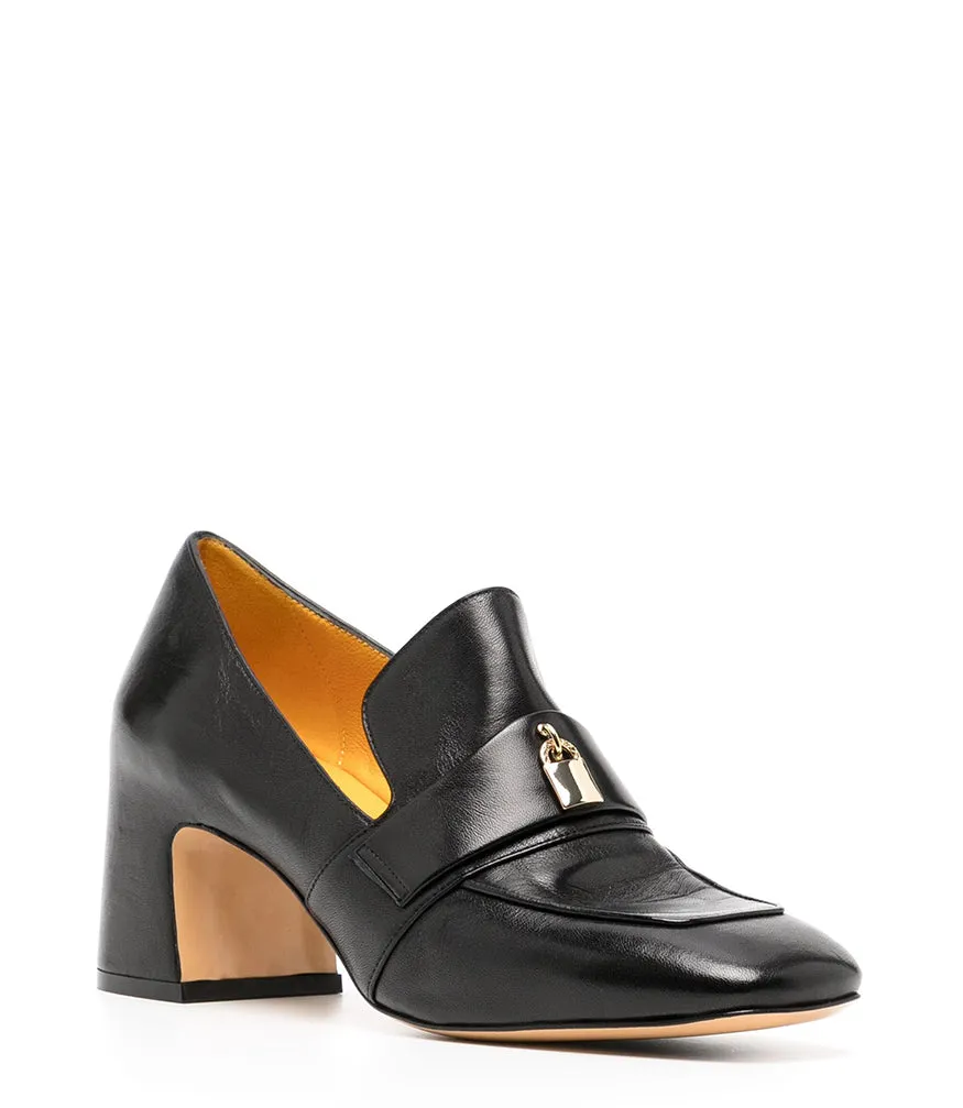 Black Leather Lock Heel Loafer