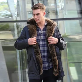 Black Sheepskin Male Parka Jacket with Racoon Fur Collar