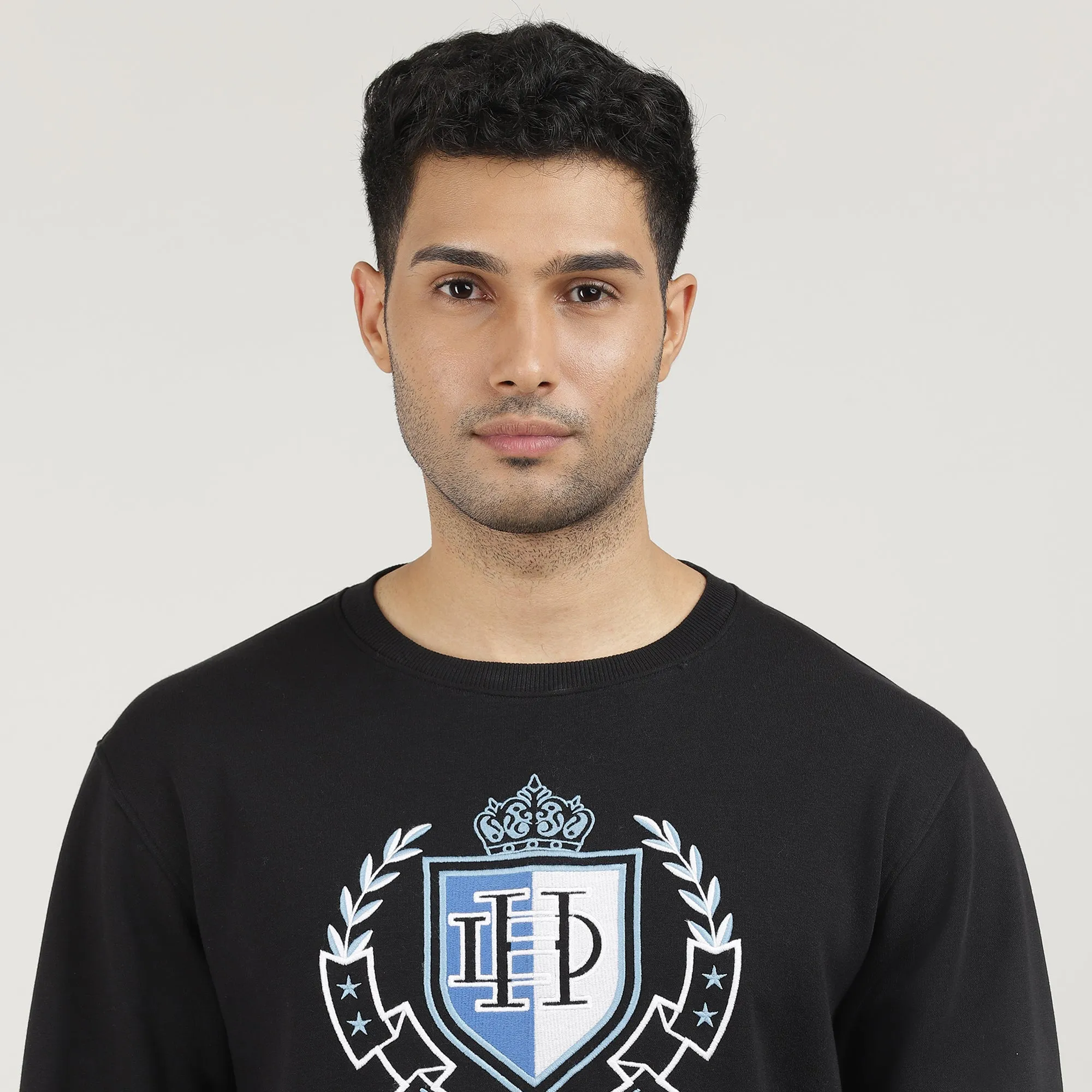 Black Varsity Round Neck Sweatshirt