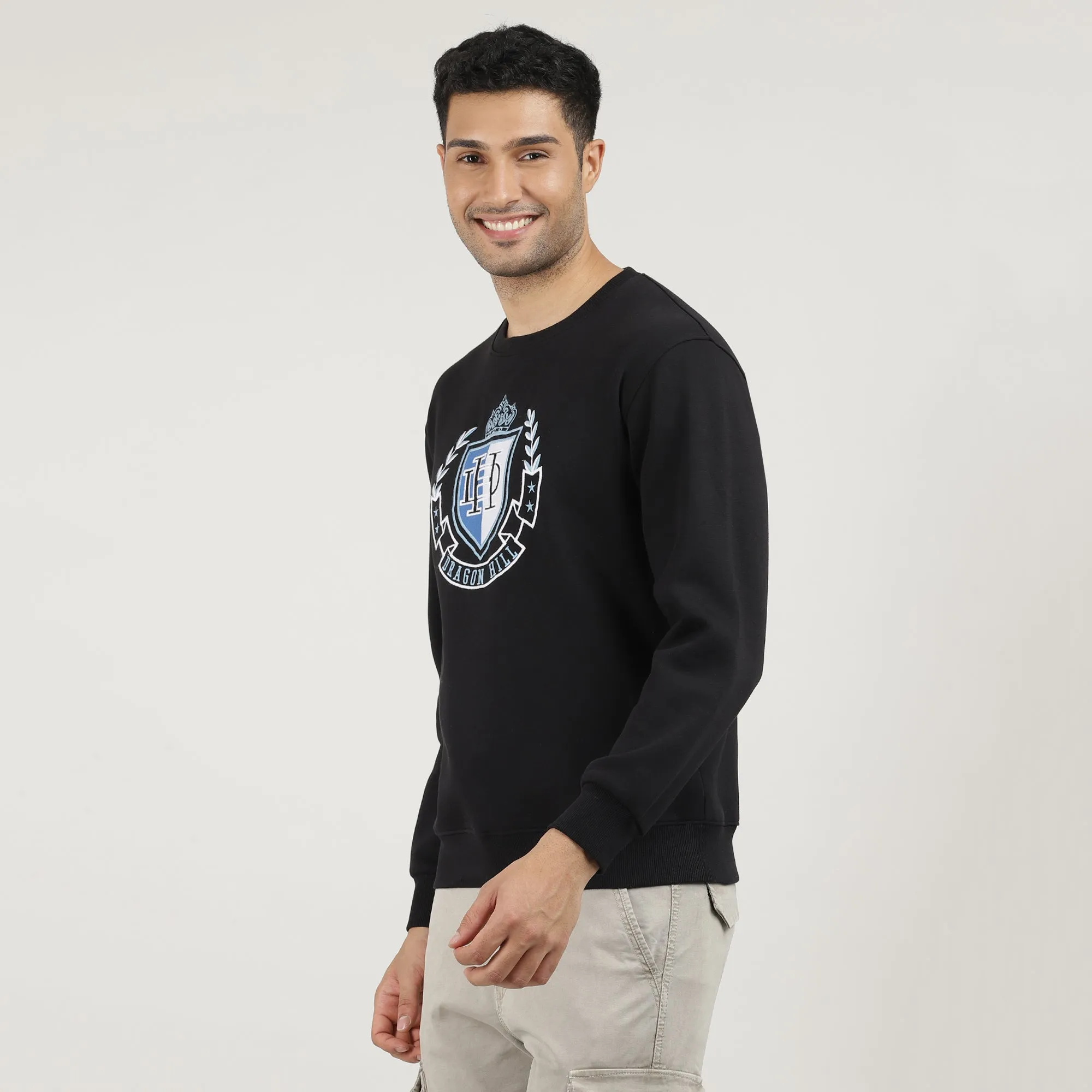 Black Varsity Round Neck Sweatshirt