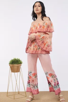 Blooming bud printed Off-Shoulder Embroidered Top With Flared Pants