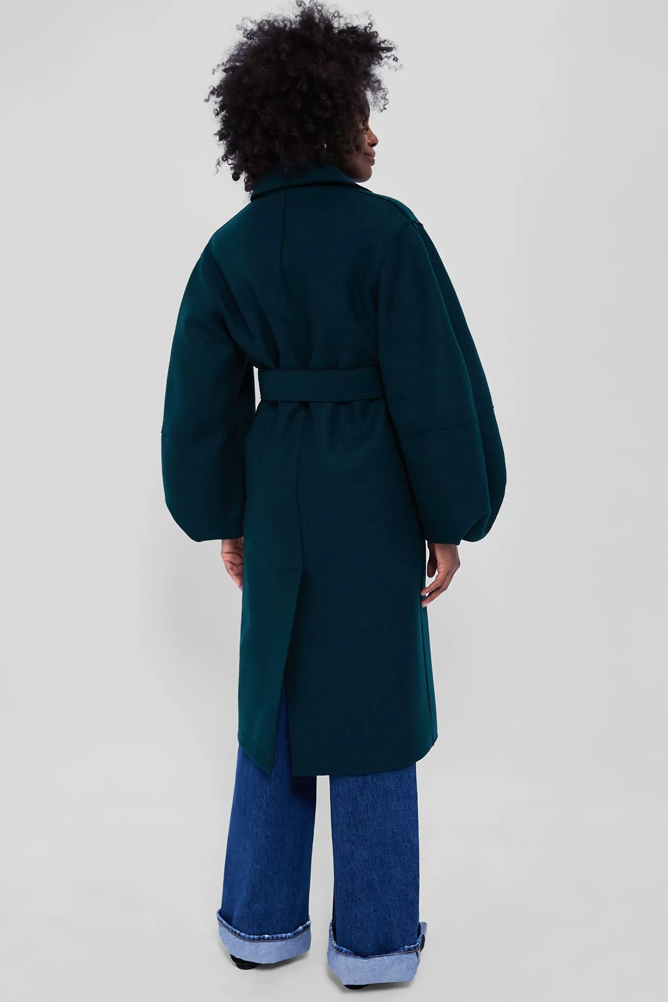 Bottle Green Puffed Sleeve Pressed Wool Coat