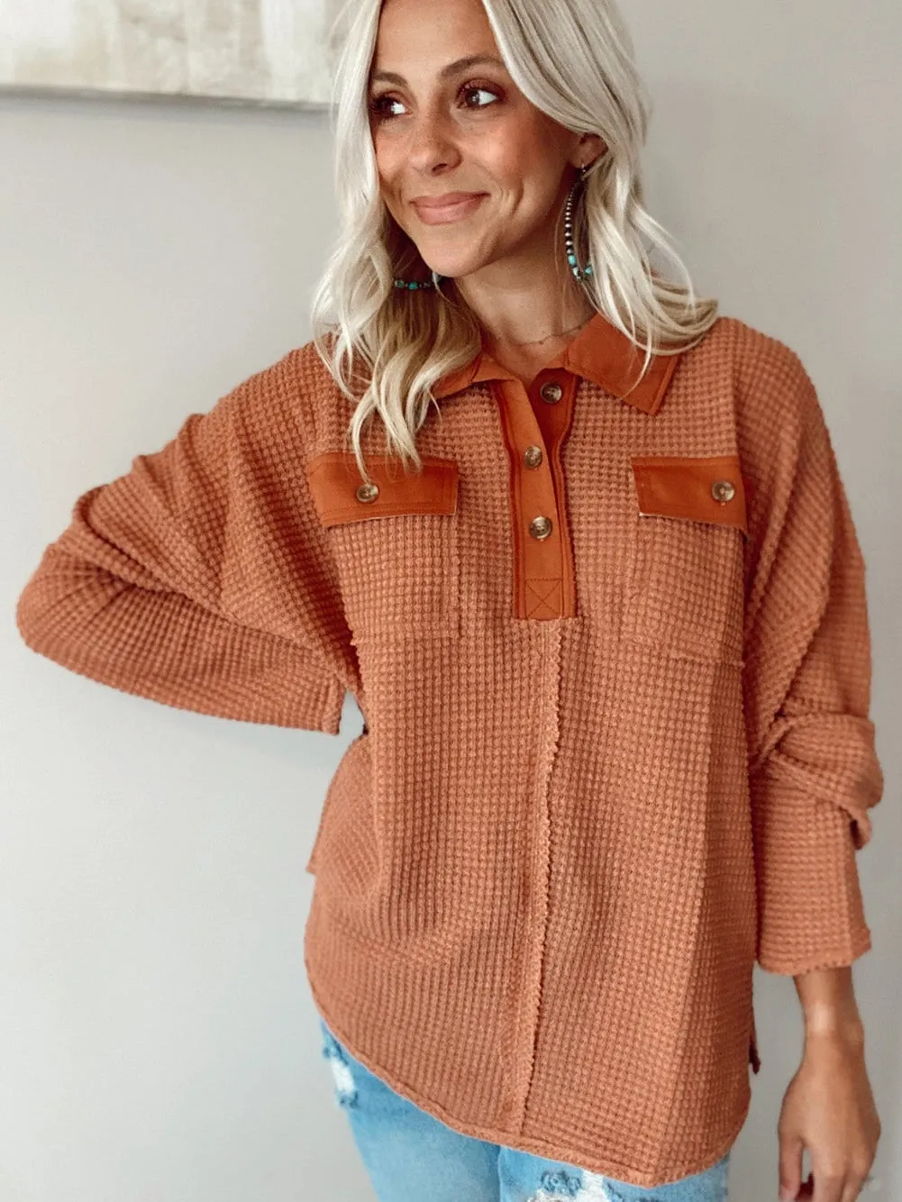 Brown Waffle Knit Top with Button Accents