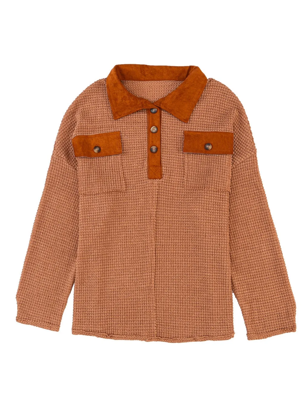 Brown Waffle Knit Top with Button Accents