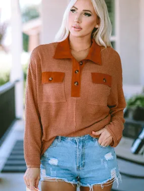 Brown Waffle Knit Top with Button Accents