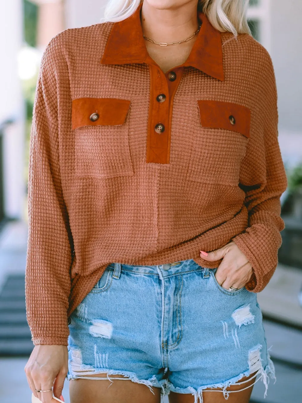 Brown Waffle Knit Top with Button Accents