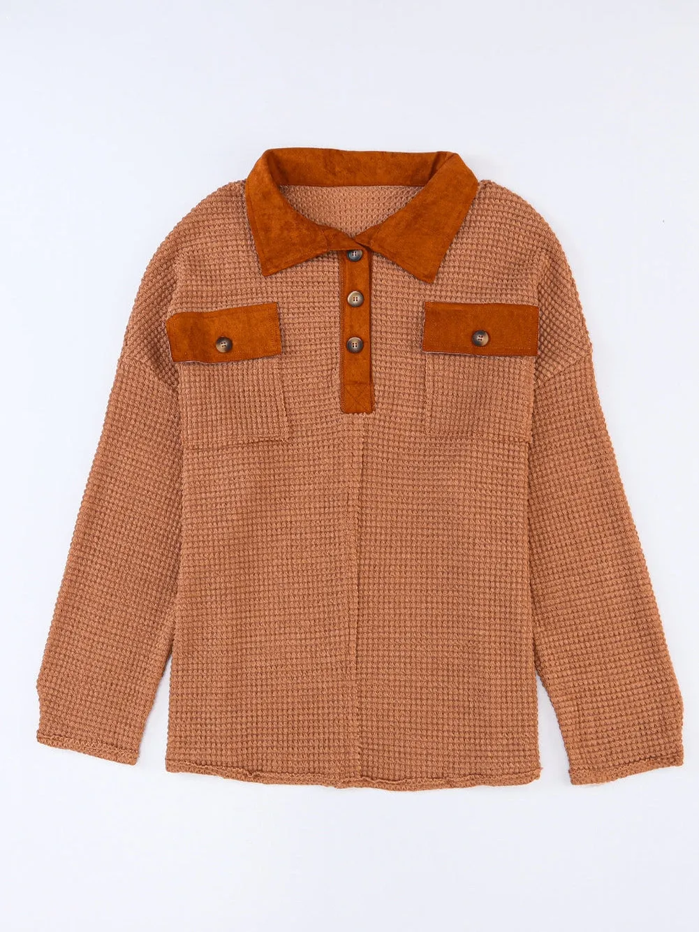 Brown Waffle Knit Top with Button Accents