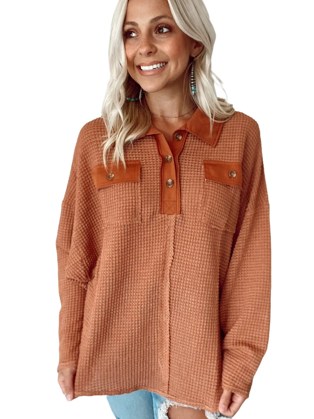 Brown Waffle Knit Top with Button Accents