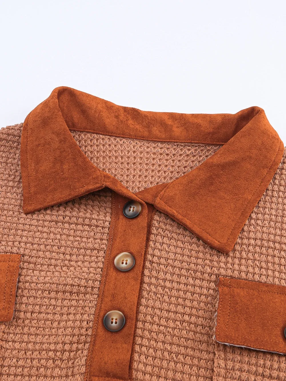 Brown Waffle Knit Top with Button Accents