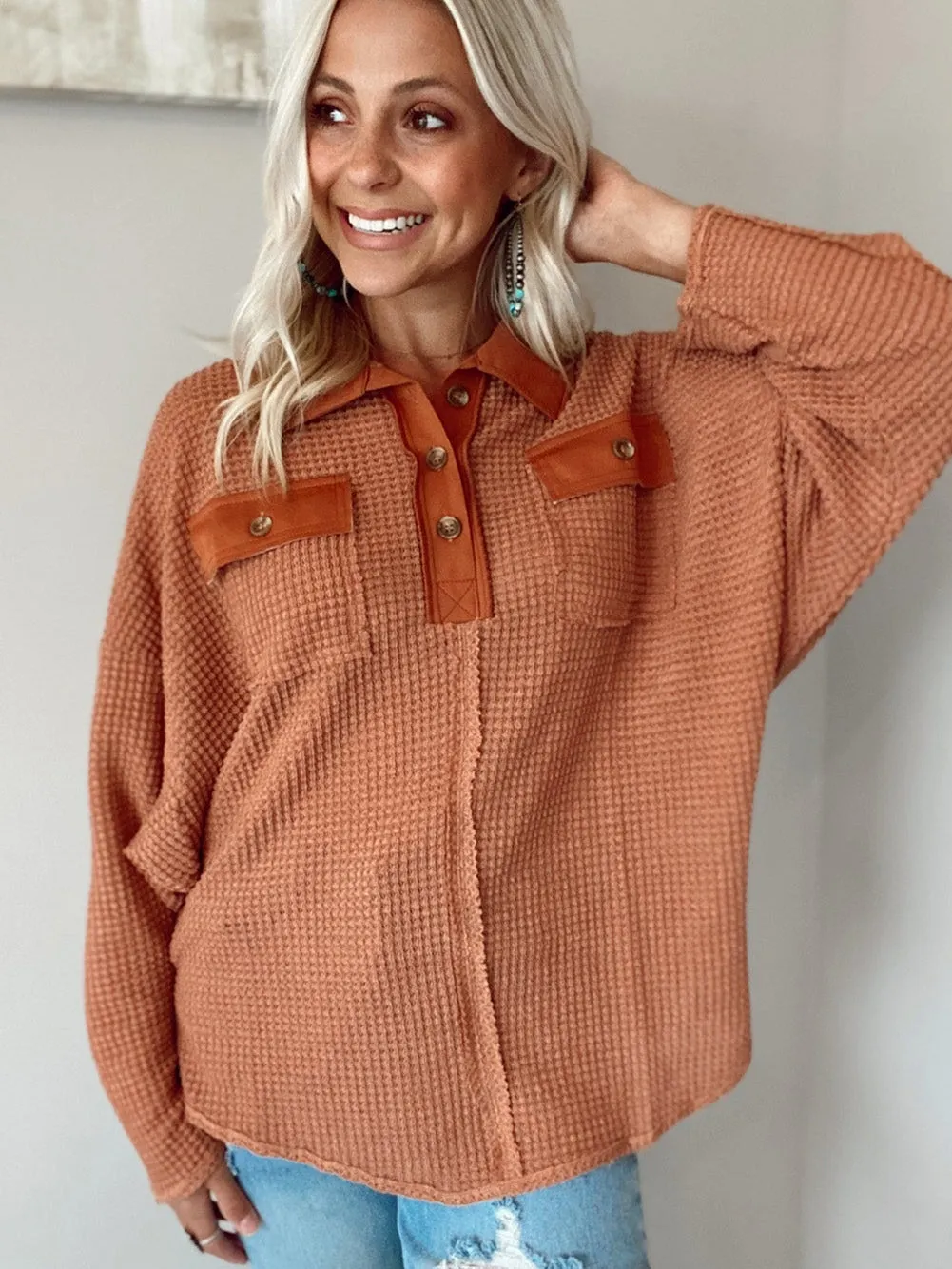 Brown Waffle Knit Top with Button Accents