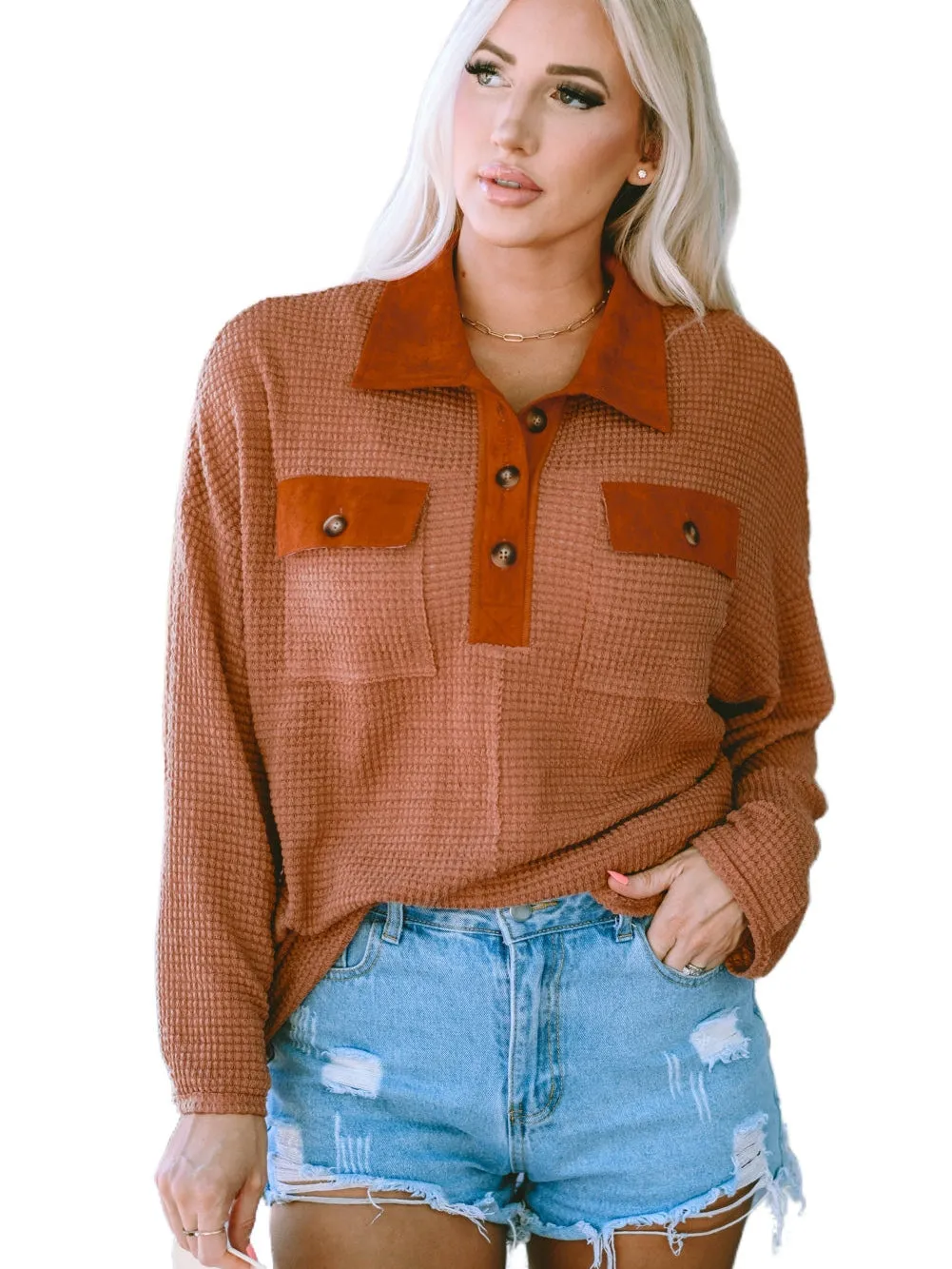 Brown Waffle Knit Top with Button Accents