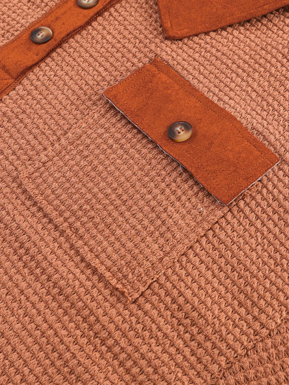 Brown Waffle Knit Top with Button Accents