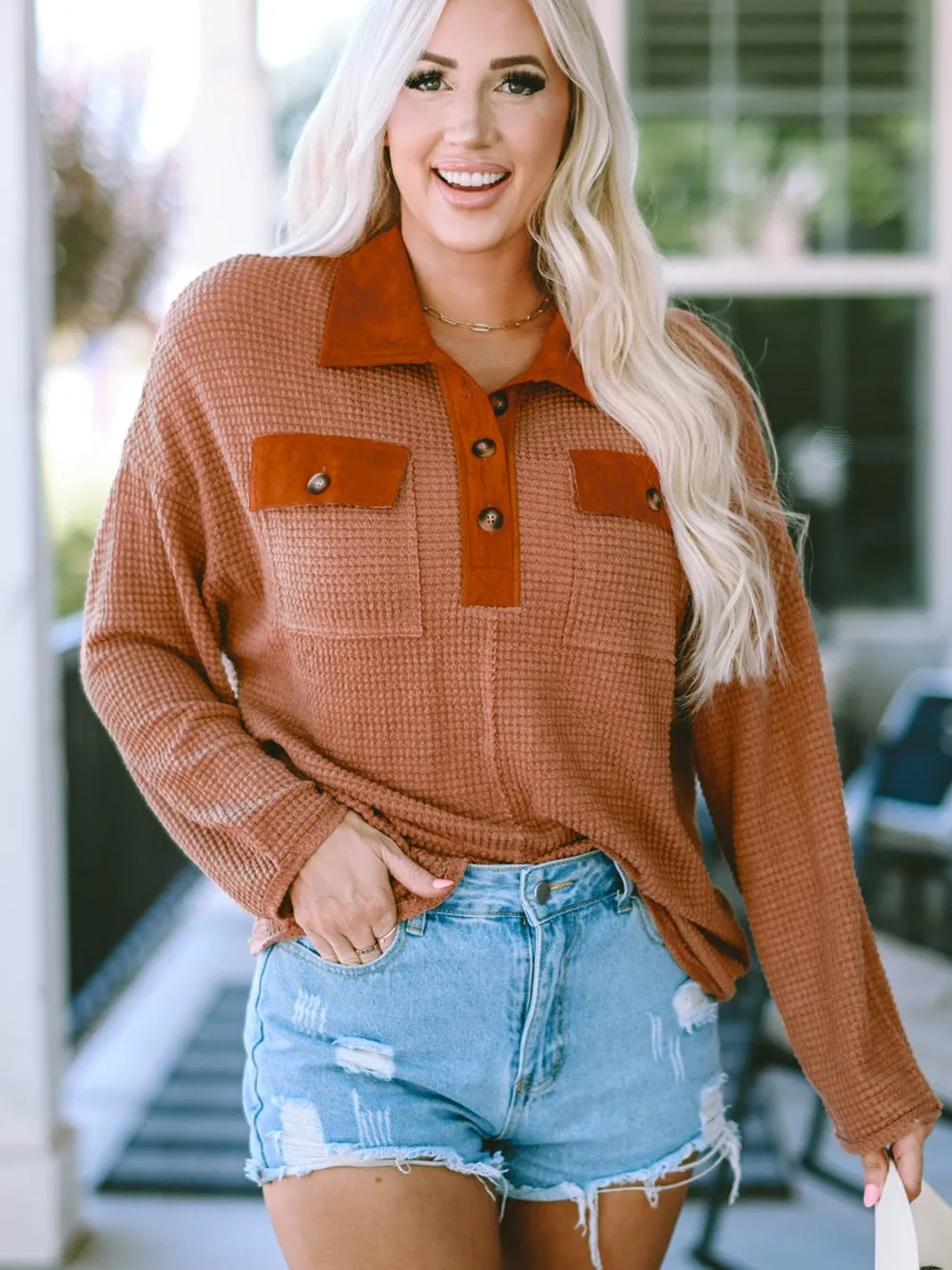 Brown Waffle Knit Top with Button Accents