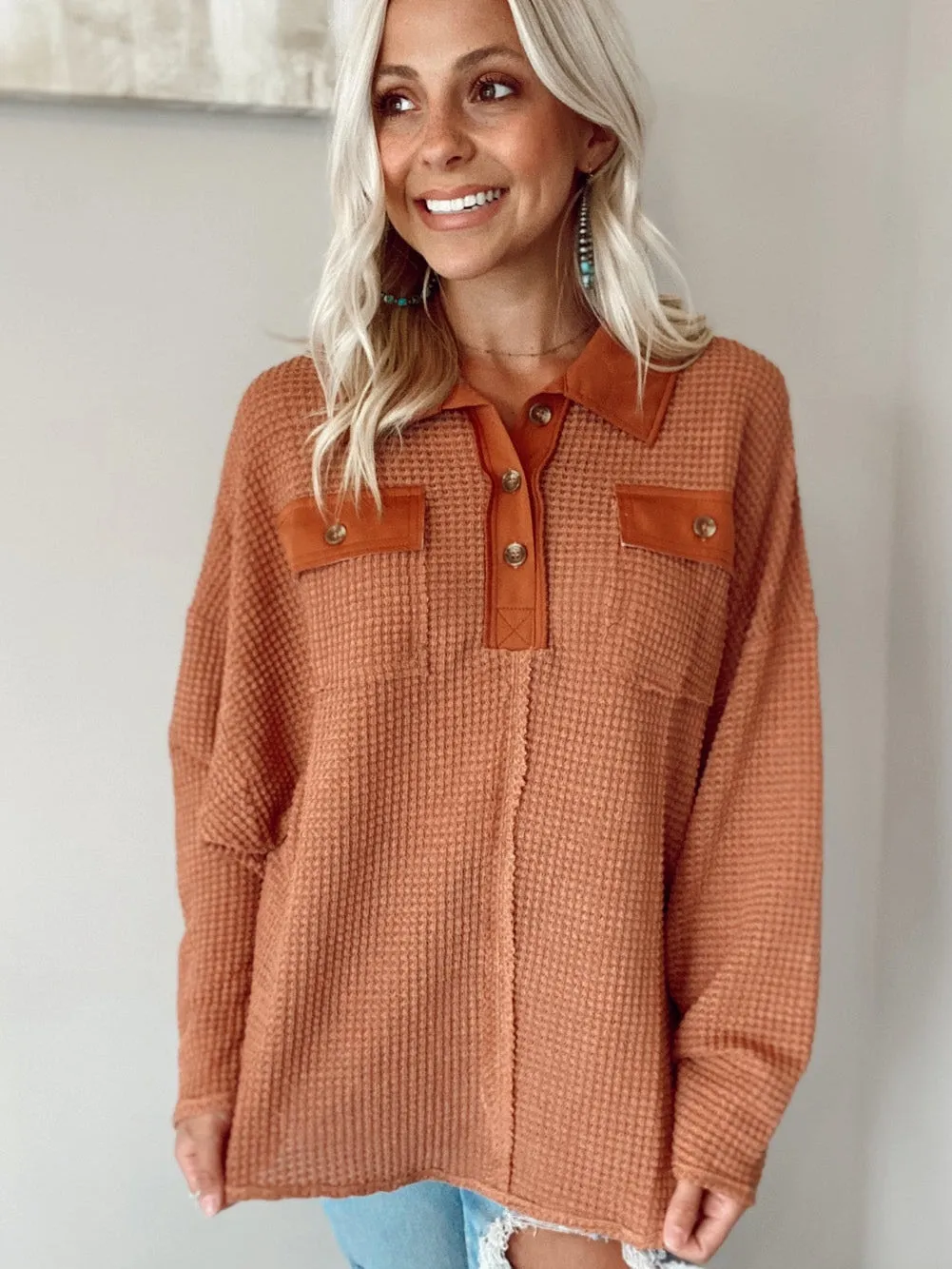 Brown Waffle Knit Top with Button Accents