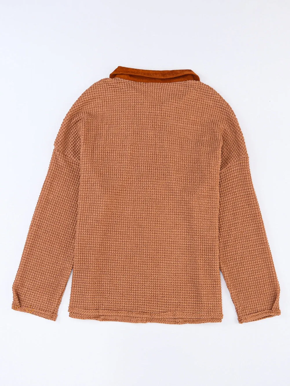 Brown Waffle Knit Top with Button Accents