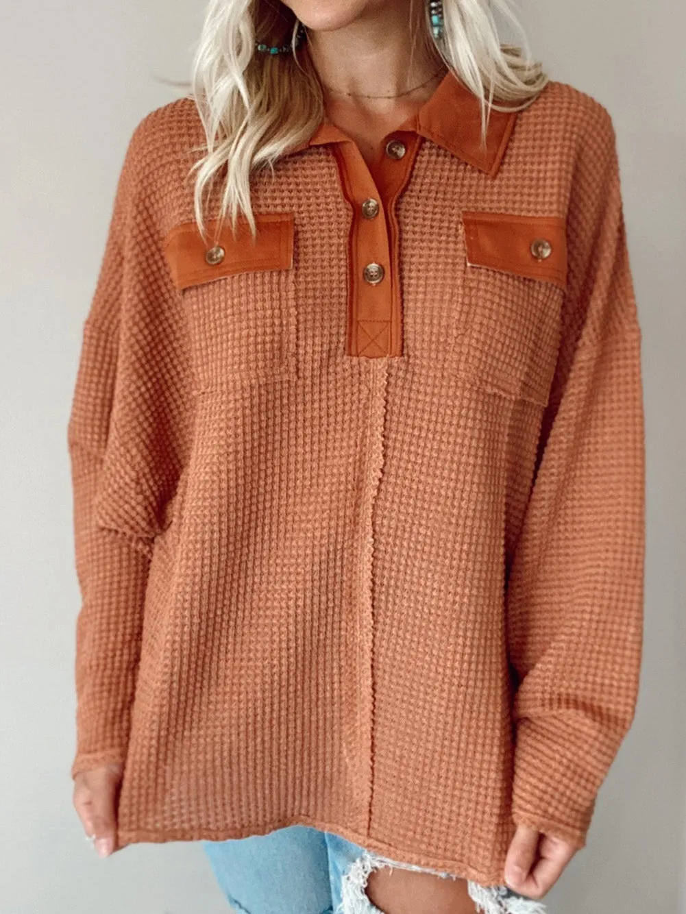 Brown Waffle Knit Top with Button Accents