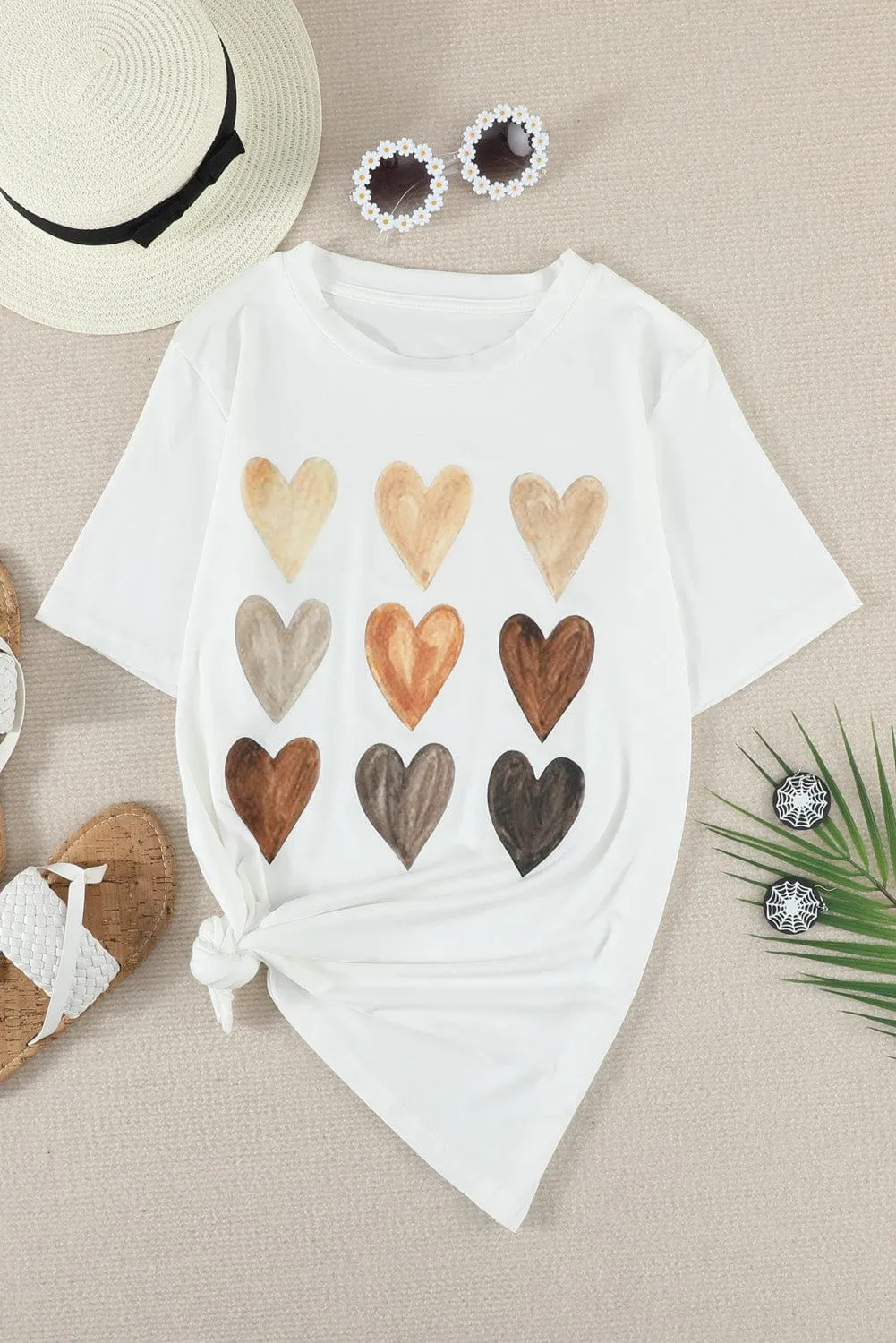 Casual Heart Print Crew Neck Loose Short Sleeve Sports T-Shirt