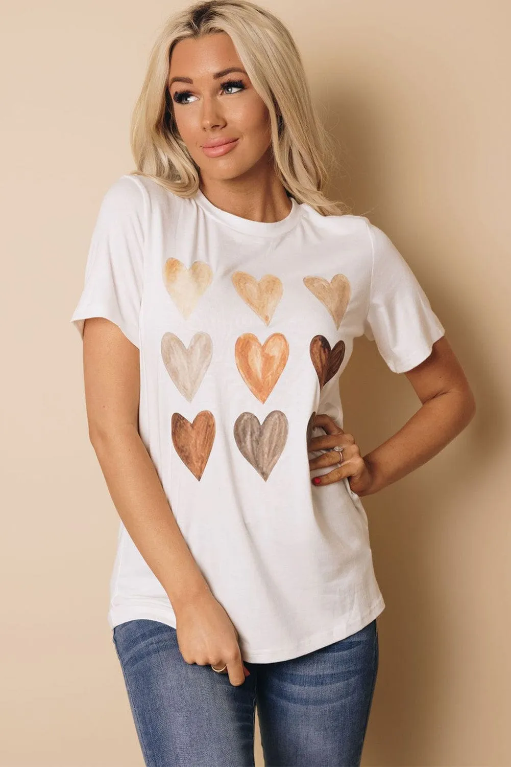 Casual Heart Print Crew Neck Loose Short Sleeve Sports T-Shirt