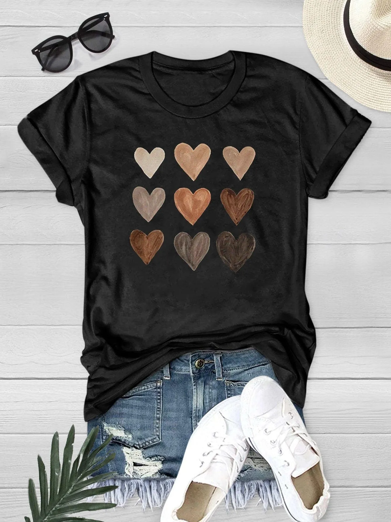 Casual Heart Print Crew Neck Loose Short Sleeve Sports T-Shirt