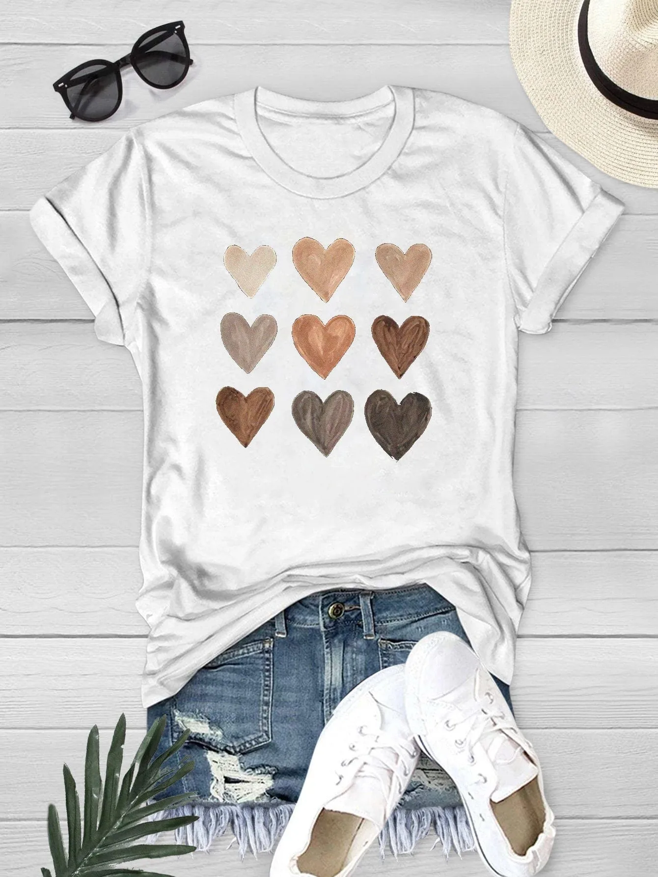 Casual Heart Print Crew Neck Loose Short Sleeve Sports T-Shirt