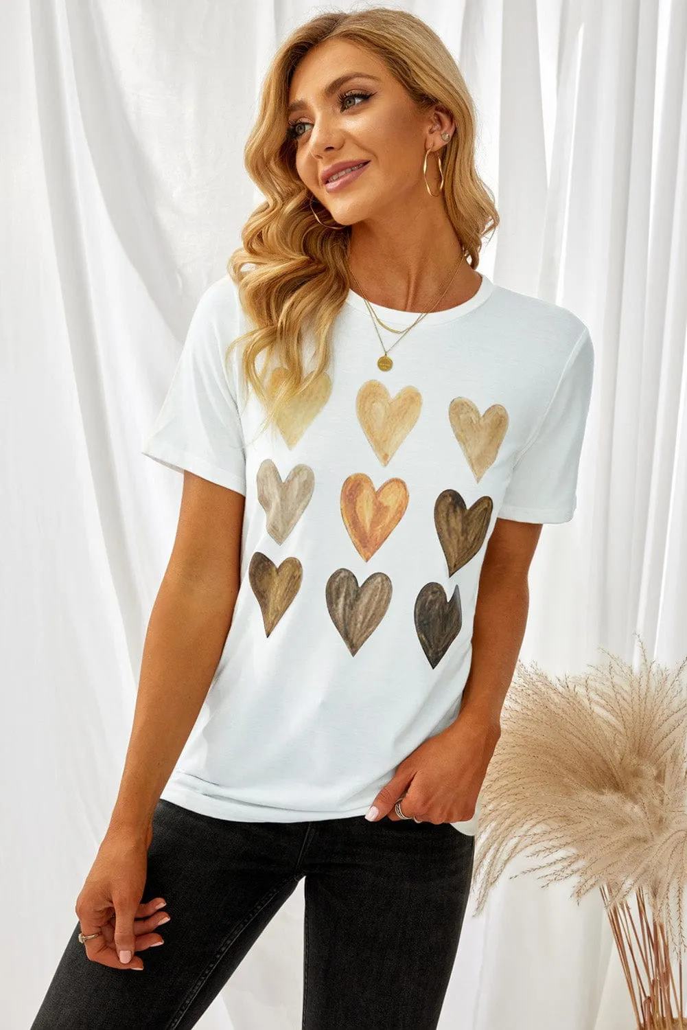 Casual Heart Print Crew Neck Loose Short Sleeve Sports T-Shirt