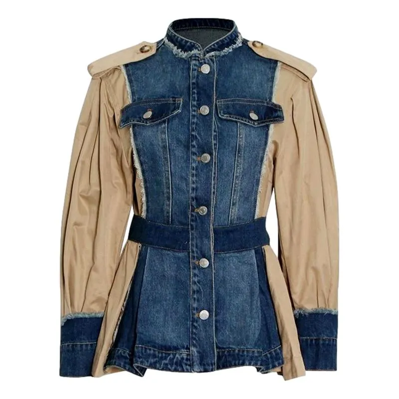 Casual Patchwork Denim Round Neck Long Sleeve Buttons Fold Pleated Blazer