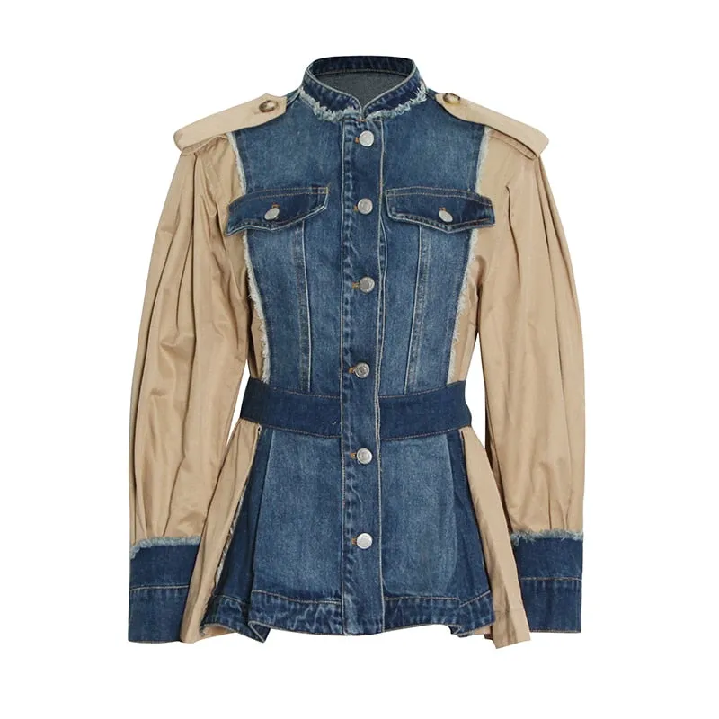 Casual Patchwork Denim Round Neck Long Sleeve Buttons Fold Pleated Blazer