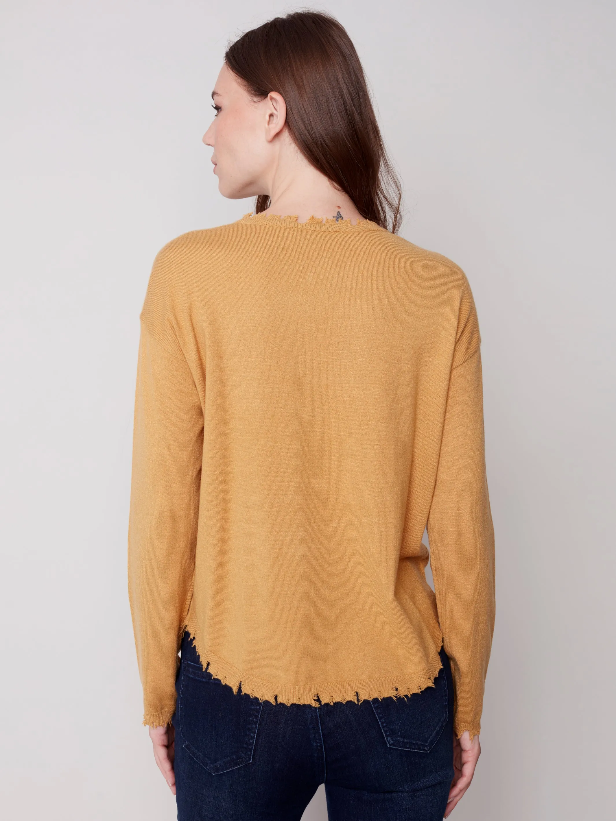 Charlie B Basic Crew Neck Sweater with Frayed Edge Detail