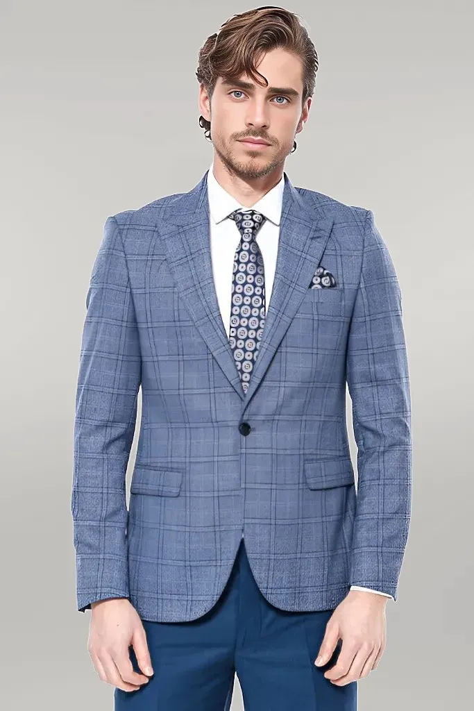 Checked Slim-Fit Single Button Blue Men Blazer - Wessi