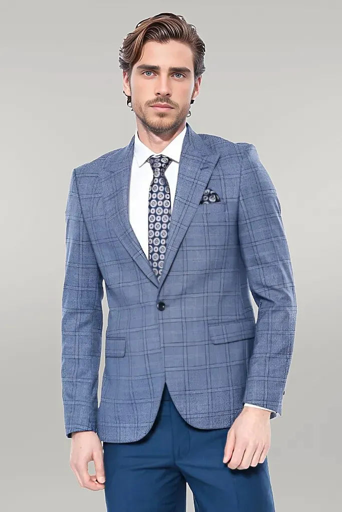 Checked Slim-Fit Single Button Blue Men Blazer - Wessi