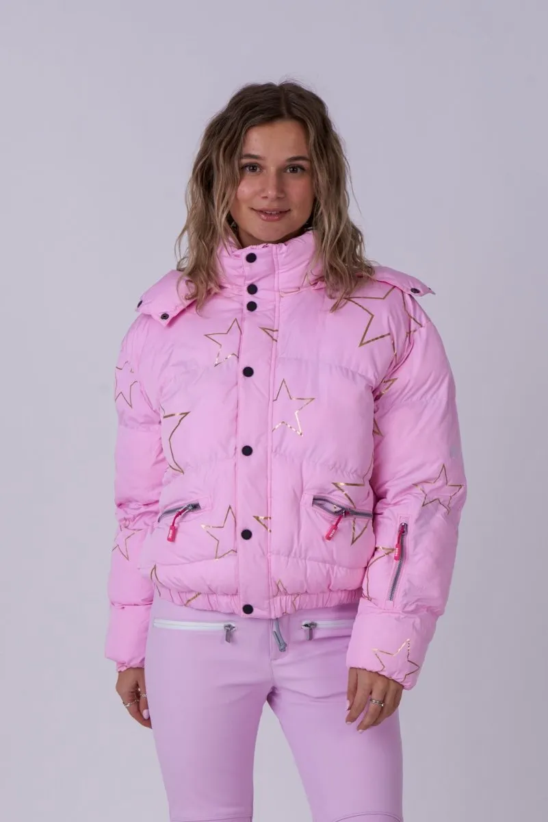 Chic Puffer Jacket - Pink with Gold Stars