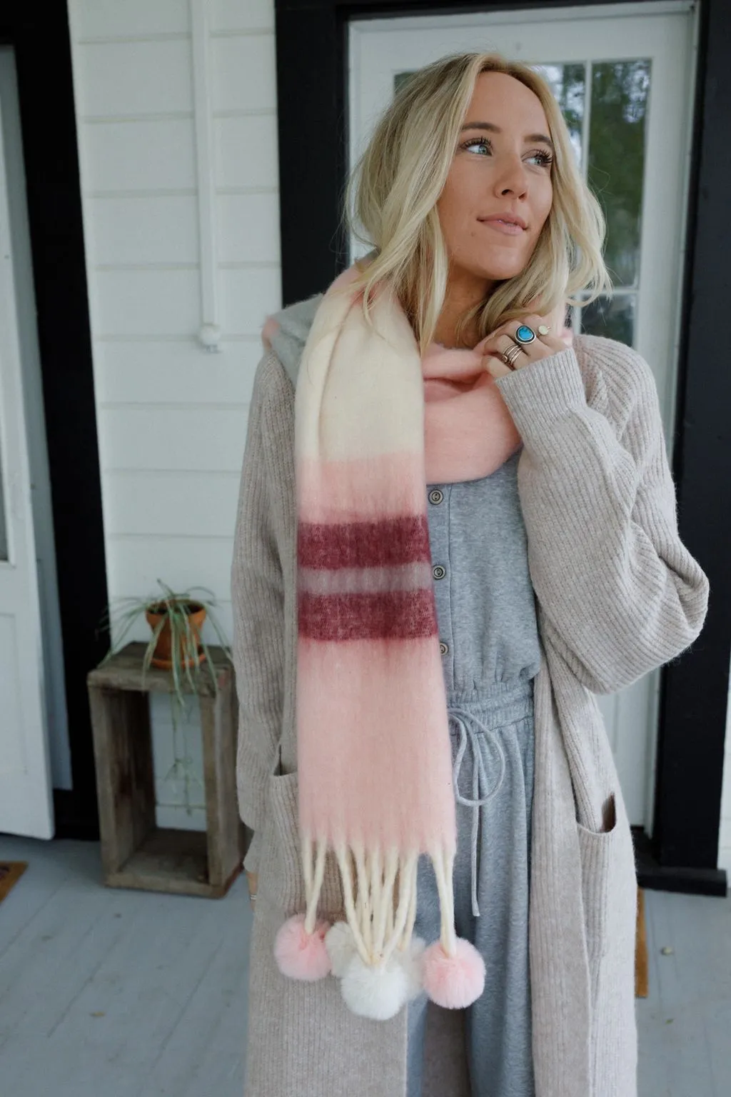 Chill Stripe Pom Scarf - Blush