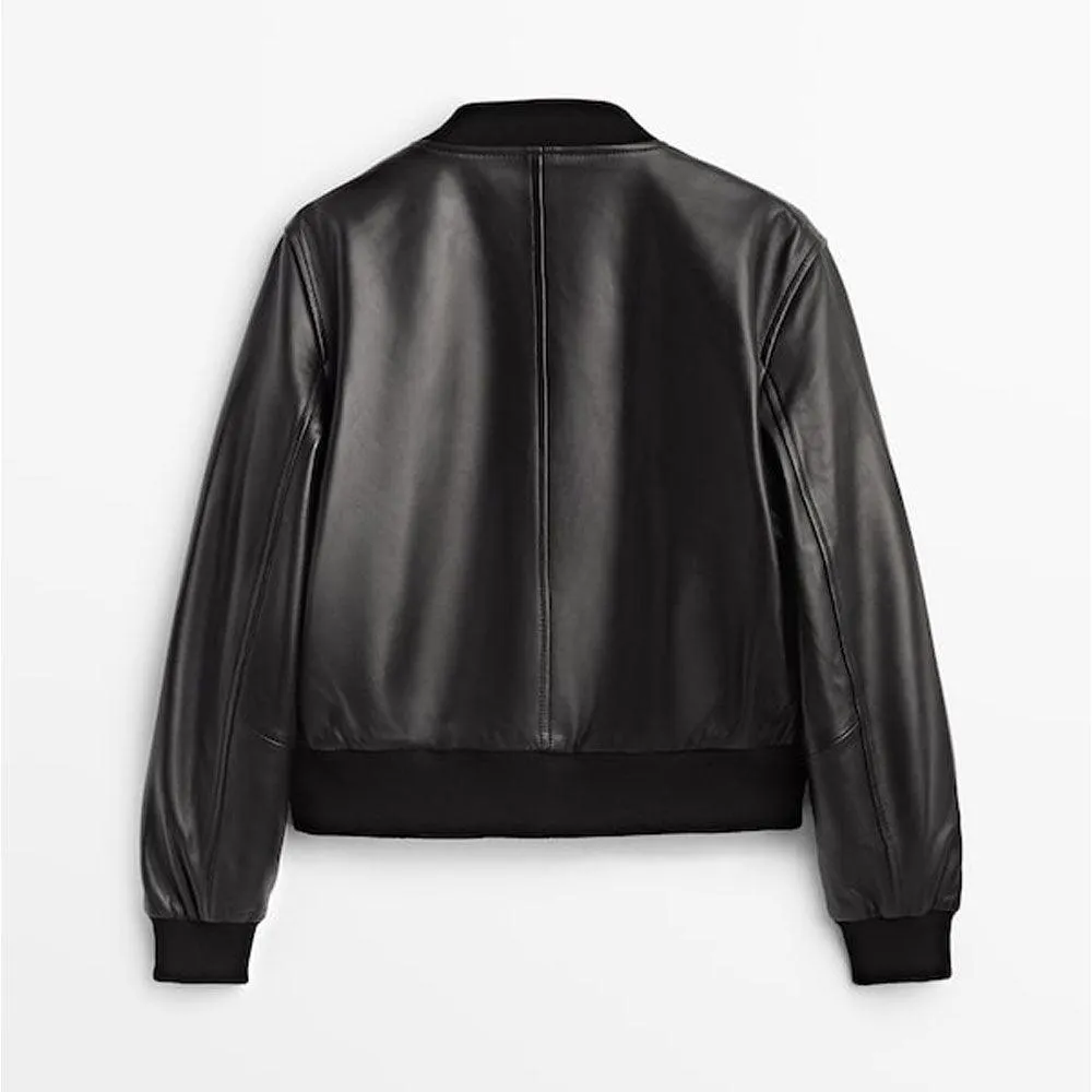 Classic Black Leather Bomber Jacket