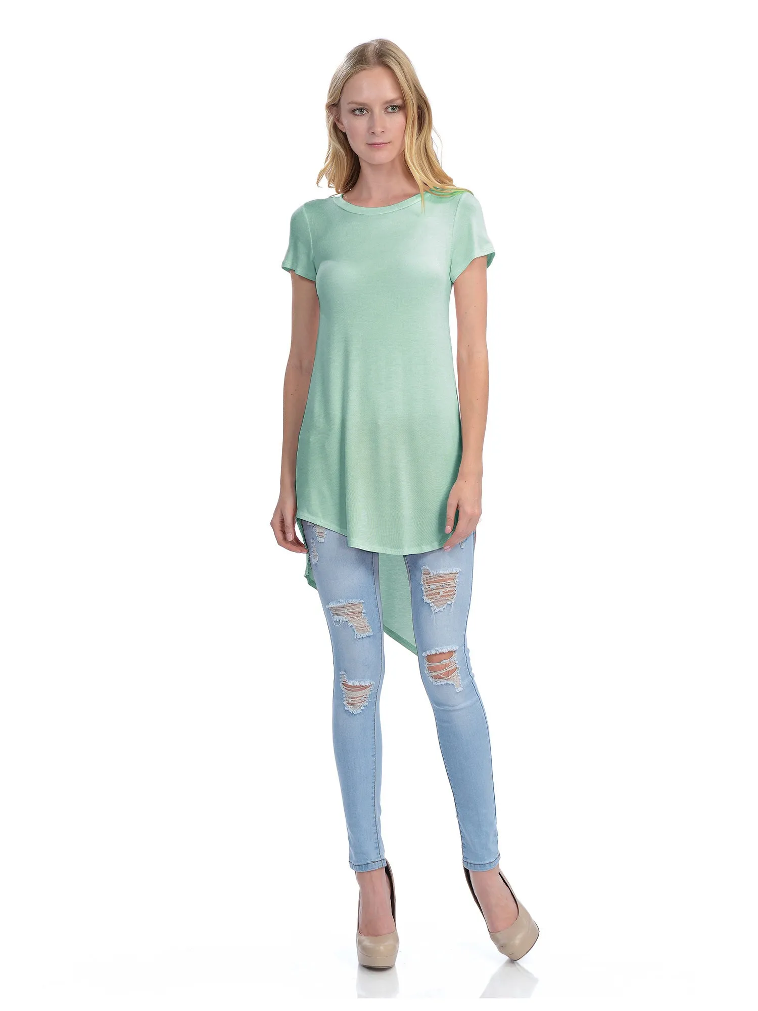 [Clearance] Womens Short Sleeve Handkerchief Hemline Long Flare Tunic Top